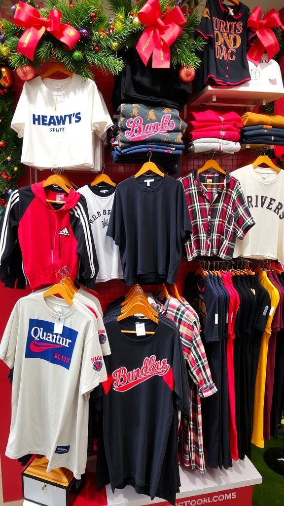 A collection of stylish clothing items from top brands displayed with Christmas decorations.